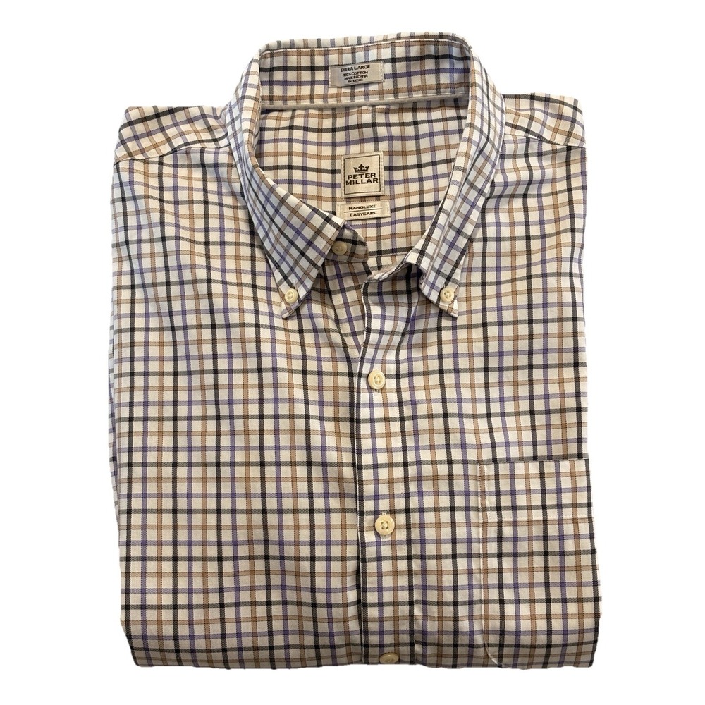 Peter Millar Mens Shirt XL White Purple‎ Check Button-Down Long Sleeve
